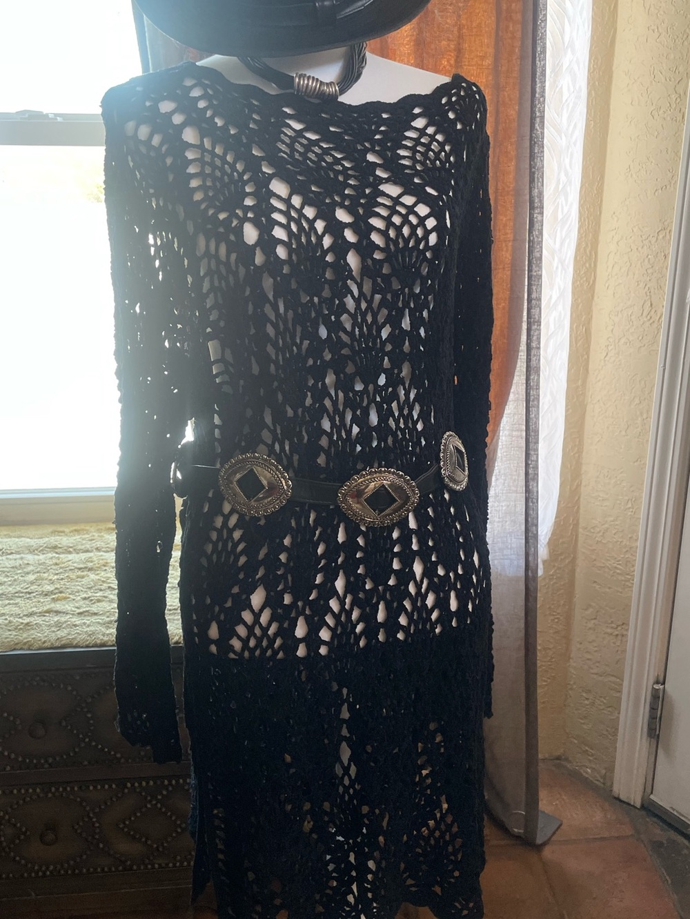 Vintage 90’s Boho Grunge Gothic Black Crochet Open-Knit Sweater Top dress Med - Picture 7 of 10